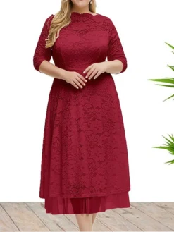 Women's Plus Size Curve Party Dress Lace Dress Sheath Dress Solid Color Midi Dress 3/4 Length Sleeve Ruched Patchwork Crew Neck Fashion Wedding White Red Spring Fall XL XXL 3XL 4XL 5XL -HANs Plus Size Style Shop vwosab1693533325601