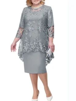 Women's Plus Size Curve Wedding Guest Dress Lace A Line Dress Floral Round Neck Lace 3/4 Length Sleeve Spring Summer Casual Mother‘s Day Knee Length Dress Daily Holiday Dress
