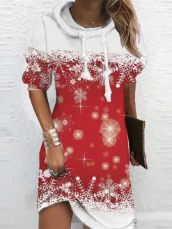 Women's Christmas Hoodie Dress Winter Dress Mini Dress Blue Wine Long Sleeve Snowflake Print Winter Fall Hooded Vacation Casual 2022 S M L XL XXL 3XL