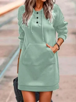 Women's Casual Dress Shift Dress Plain Dress Mini Dress Button Pocket Outdoor Street Daily Fashion Streetwear Hooded Long Sleeve 2023 Loose Fit Black Light Green Wine Color S M L XL XXL Size -HANs Plus Size Style Shop vxtqgz1692259886724