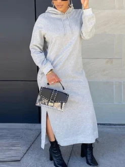 Women's Casual Dress Hoodie Dress Shift Dress Midi Dress Split Daily Date Vacation Active Fashion Hooded Long Sleeve 2023 Loose Fit Gray Color S M L XL Size