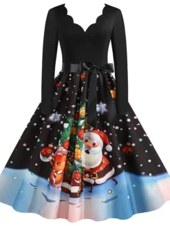 Women's Christmas Party Dress Knee Length Dress Purple Royal Blue Dark Blue Red Black Long Sleeve Elk Tree Bell Bow Print Fall Winter V Neck Vintage Elegant Party 2022