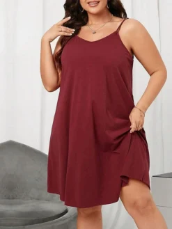 Women's Plus Size T Shirt Dress Casual Dress Shift Dress Plain Backless V Neck Mini Dress Fashion Streetwear Outdoor Street Sleeveless Loose Fit Wine Summer Spring XL XXL 3XL