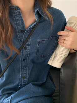 Women's Shift Dress Denim Shirt Dress Midi Dress Denim Fashion Casual Outdoor Daily Vacation Shirt Collar Button Pocket Short Sleeve Summer Spring Fall 2023 Loose Fit Blue Plain S M L XL -HANs Plus Size Style Shop vyskof1677036651519