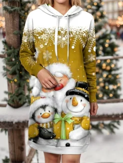 Women's Christmas Dress Hoodie Dress Mini Dress Warm Fashion Outdoor Christmas Holiday Hoodie Print Snowman Snowflake Loose Fit Yellow Wine Blue S M L XL XXL -HANs Plus Size Style Shop vyuiib1697542415661