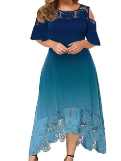 Women‘s Plus Size Curve Casual Dress A Line Dress Gradient Long Dress Maxi Dress Short Sleeve Patchwork Hollow Out Crew Neck Fashion Outdoor Black Light Green Summer Spring XL XXL 3XL 4XL 5XL -HANs Plus Size Style Shop vyvios1678346853367