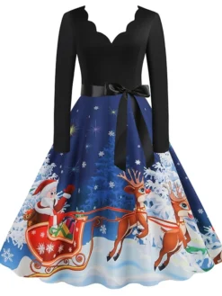 Women's Christmas Casual Dress Swing Dress Midi Dress Blue Purple Royal Blue Light Blue White Long Sleeve Santa Claus Elk Tree Bow Print Winter Fall V Neck Vacation Vintage 2022 S M L XL -HANs Plus Size Style Shop vzezkx1666927317986