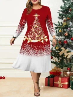 Women's Christmas Plus Size Curve Casual Dress Skater Dress A Line Dress Christmas Tree Snowflake Midi Dress Long Sleeve Print Crew Neck Fashion Outdoor Yellow Wine Fall Winter L XL XXL 3XL 4XL