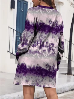 Women's Casual Dress Sweatshirt Dress Mini Dress Warm Fashion Outdoor Holiday Vacation Crew Neck Pocket Print Graphic Loose Fit Blue Purple Green S M L XL XXL -HANs Plus Size Style Shop vzwcup1696943361223