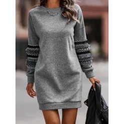 Women's Casual Dress Sweatshirt Dress Winter Dress Mini Dress Ruched Patchwork Street Daily Holiday Fashion Streetwear Crew Neck Long Sleeve 2023 Loose Fit Grey Color S M L XL Size -HANs Plus Size Style Shop wagxky1692162754306