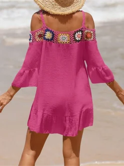 Women's Cover Up Beach Dress Beach Wear Mini Dress Ruffle Backless Ethnic Casual Floral Spaghetti Strap 3/4 Length Sleeve Loose Fit Outdoor Daily Black White 2023 Spring Summer One Size -HANs Plus Size Style Shop waiqkt1672903087091