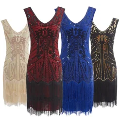 Women's Retro 1920s Fringe Dress Midi Dress Party Halloween Sequins Tassel Fringe Floral V Neck Sleeveless Regular Fit Spring Fall 2023 Silver Red S M L XL