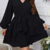 Women's Plus Size Party Dress Cocktail Dress Swing Dress Mini Dress Black Long Sleeve Pure Color Lace Up Spring Fall Winter V Neck Fashion Winter Dress Birthday Wedding Guest 2023 XL XXL 3XL 4XL