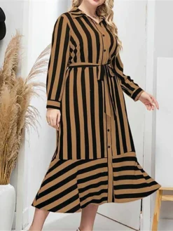 Women's Plus Size Shirt Dress Casual Dress Swing Dress Midi Dress Outdoor Daily Date Polyester Fashion Modern Shirt Collar Lace Up Button Long Sleeve Fall Winter 2023 Loose Fit Brown Striped L XL 2XL -HANs Plus Size Style Shop wbbppd1693451926933
