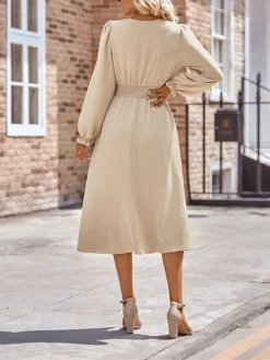 Women's Casual Dress Plain Dress Empire Waist Dresses Midi Dress Pleated Button Street Daily Holiday Fashion Streetwear V Neck Long Sleeve 2023 Loose Fit Black Blue Army Green Color S M L XL Size -HANs Plus Size Style Shop wbfqzp1691148124824