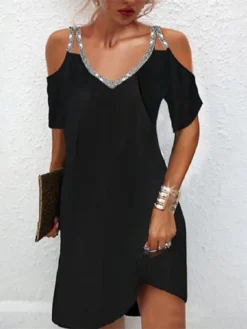 Women's Casual Dress Shift Dress Black Dress Midi Dress Black Short Sleeve Color Block Cold Shoulder Summer Spring V Neck Modern 2023 S M L XL XXL 3XL