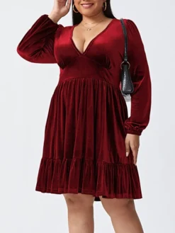 Women‘s Plus Size Curve Party Dress Velvet Dress Cocktail Dress Mini Dress Black Wine Royal Blue Long Sleeve Pure Color Ruched Spring Fall Winter V Neck Fashion Birthday Wedding Guest Vacation 2023 -HANs Plus Size Style Shop wbhiev1692176734401