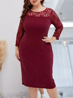Women‘s Plus Size Curve Party Dress Lace Dress Cocktail Dress Midi Dress Wine Long Sleeve Pure Color Lace Spring Fall Winter Crew Neck Fashion Winter Dress Birthday Wedding Guest 2023 -HANs Plus Size Style Shop wbvcvm1691999690163