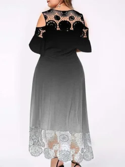 Women‘s Plus Size Curve Casual Dress A Line Dress Gradient Long Dress Maxi Dress Short Sleeve Patchwork Hollow Out Crew Neck Fashion Outdoor Black Light Green Summer Spring XL XXL 3XL 4XL 5XL -HANs Plus Size Style Shop wbwuhw1678346850604