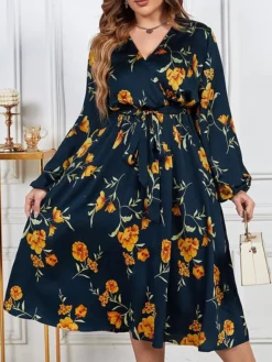 Women's Plus Size Party Dress Wedding Guest Dress Empire Waist Dresses Midi Dress Dark Blue Long Sleeve Flower With Belt Spring Fall Winter V Neck Fashion Winter Dress Evening Party Wedding Guest 2023 -HANs Plus Size Style Shop wceaek1693535297382