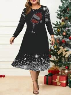 Women's Christmas Plus Size Curve Casual Dress Skater Dress A Line Dress Graphic Snowflake Midi Dress Long Sleeve Print Crew Neck Fashion Outdoor Black Wine Fall Winter L XL XXL 3XL 4XL