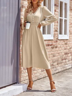 Women's Casual Dress Plain Dress Empire Waist Dresses Midi Dress Pleated Button Street Daily Holiday Fashion Streetwear V Neck Long Sleeve 2023 Loose Fit Black Blue Army Green Color S M L XL Size -HANs Plus Size Style Shop wcruls1691148123705