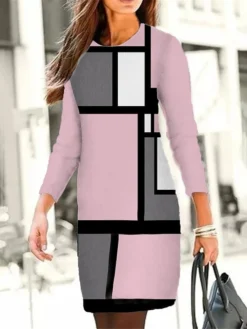Women's Casual Dress Winter Dress Sweatshirt Dress Geometric Plaid Print Crew Neck Mini Dress Fashion Streetwear Outdoor Daily Long Sleeve Loose Fit Pink Blue Green Fall Winter S M L XL XXL