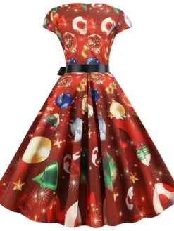 Women's Christmas Knee Length Dress Purple Wine Gray White Black Red Light Green Short Sleeve Print Bow Print Fall Winter Round Neck Casual Vintage2021 S M L XL XXL -HANs Plus Size Style Shop wdczxq1630046091611