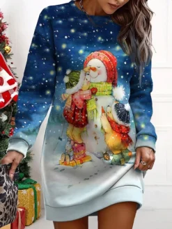 Women's Christmas Casual Dress Sweatshirt Dress Mini Dress Warm Fashion OutdoorVacation Crew Neck Print Snowman Loose Fit Yellow Wine Navy Blue S M L XL XXL -HANs Plus Size Style Shop wdgpnw1695365425809