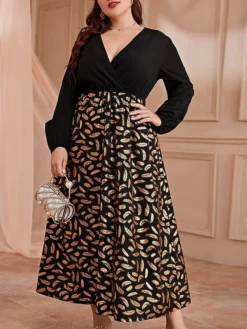 Women's Plus Size Curve Prom Dress Party Dress Wedding Guest Dress Long Dress Maxi Dress Black Long Sleeve Print Ruched Fall Winter Autumn V Neck Fashion Evening Party Wedding Guest Loose Fit