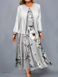 Women's Plus Size Curve Casual Dress Dress Set Two Piece Dress Floral Midi Dress Long Sleeve Print Crew Neck Mature Outdoor Pink Light Blue Fall Winter L XL XXL 3XL 4XL -HANs Plus Size Style Shop wdiqtg1695096067170