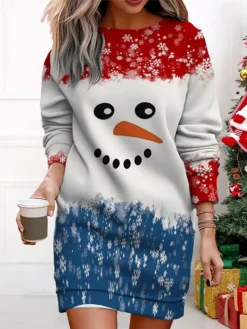 Women's Christmas Casual Dress Sweatshirt Dress Mini Dress Warm Fashion Outdoor Vacation Crew Neck Print Santa Claus Snowman Loose Fit ArmyGreen Red Navy Blue S M L XL XXL -HANs Plus Size Style Shop wdojno1695365301332