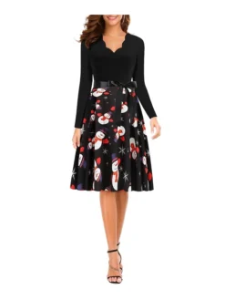 Women's Christmas Knee Length Dress Black Long Sleeve Print Print Winter V Neck Active3D Print S M L XL XXL XXXL