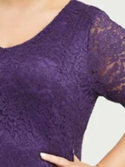 Women's Plus Size Curve Party Dress Lace Dress Cocktail Dress Midi Dress Blue Purple Half Sleeve Pure Color Lace Summer Spring Fall V Neck Fashion Birthday Wedding Guest Vacation 2023 XL XXL 3XL -HANs Plus Size Style Shop webhgy1692156270189