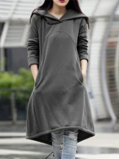 Women's Casual Dress Hoodie Dress Winter Dress Midi Dress Pocket Outdoor Street Daily Fashion Streetwear Hooded Long Sleeve 2023 Loose Fit Black Army Green Gray Color S M L XL XXL Size -HANs Plus Size Style Shop wecjdd1694510139166