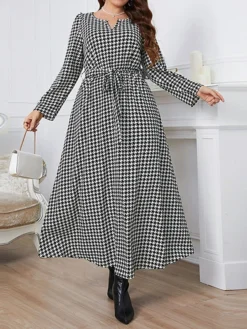 Women's Plus Size Party Dress Wedding Guest Dress Tunic Dress Long Dress Maxi Dress Black Long Sleeve Plaid With Belt Spring Fall Winter V Neck Fashion Winter Dress Evening Party Wedding Guest 2023