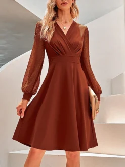 Women's Casual Dress Swing Dress Plain Dress Midi Dress Mesh Daily Date Going Out Fashion Basic V Neck Long Sleeve 2023 Slim Black Brown Green Color S M L XL Size