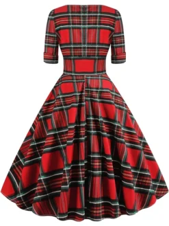 Women's Christmas Swing Dress Midi Dress Black Blue Red Short Sleeve Plaid Print Winter Fall Autumn V Neck 2022 S M L XL 2XL -HANs Plus Size Style Shop weixdg1667979774464