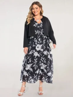 Women‘s Plus Size Curve Two Piece Dress Set Casual Dress Chiffon Dress Outdoor Daily Fashion Elegant Print Long Dress Maxi Dress V Neck Long Sleeve Floral Regular Fit Black Summer Spring