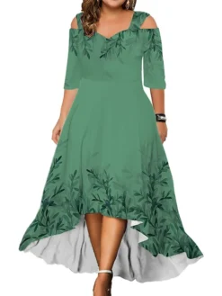 Women‘s Plus Size Curve Party Dress Wedding Guest Dress Swing Dress Long Dress Maxi Dress Light Green Blue Green Half Sleeve Floral Cold Shoulder Summer Spring Fall V Neck Fashion Birthday -HANs Plus Size Style Shop wfpxji1690858080615
