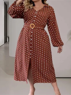 Women's Plus Size Curve Casual Dress Winter Dress Sheath Dress Polka Dot Midi Dress Long Sleeve Lace Up Ruched V Neck Fashion Outdoor Brown Fall Winter L XL XXL 3XL 4XL -HANs Plus Size Style Shop wfrchy1695025002222