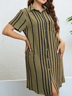 Women‘s Plus Size Curve Shirt Dress Casual Dress Shift Dress Midi Dress Outdoor Daily Vacation Polyester Fashion Modern Shirt Collar Button Pocket Short Sleeve Summer Spring 2023 Regular Fit -HANs Plus Size Style Shop wfvkdf1691465820272