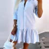 Women's Shirt Dress Casual Dress Summer Dress Midi Dress Ruffle Button Daily Date Going Out Fashion Basic Shirt Collar 3/4 Length Sleeve 2023 Regular Fit Light Blue Color S M L XL XXL Size