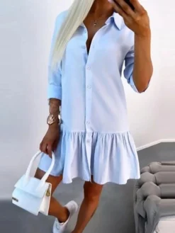 Women's Shirt Dress Casual Dress Summer Dress Midi Dress Ruffle Button Daily Date Going Out Fashion Basic Shirt Collar 3/4 Length Sleeve 2023 Regular Fit Light Blue Color S M L XL XXL Size