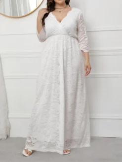 Women's Plus Size Curve Party Dress Lace Dress Formal Dress Solid Color Long Dress Maxi Dress 3/4 Length Sleeve Lace V Neck Fashion Wedding Black White Spring Fall XL XXL 3XL 4XL 5XL -HANs Plus Size Style Shop wfxtmp1693533322210