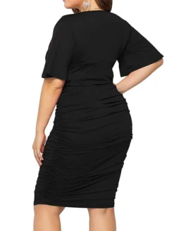 Women's Plus Size Curve Work Dress Bodycon Sheath Dress Plain Midi Dress Short Sleeve Ruched V Neck Fashion Office Black Royal Blue Fall Winter L XL XXL 3XL 4XL -HANs Plus Size Style Shop wfxwzv1694151474890