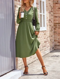 Women's Casual Dress Plain Dress Empire Waist Dresses Midi Dress Pleated Button Street Daily Holiday Fashion Streetwear V Neck Long Sleeve 2023 Loose Fit Black Blue Army Green Color S M L XL Size -HANs Plus Size Style Shop wgohax1691148137841