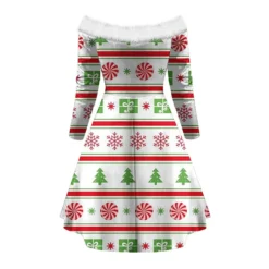 Women's Christmas Swing Dress Vintage Dress Mini Dress Green Light Green Wine Red Navy Blue White Long Sleeve Snowman Tree Snowflake Backless Feather Print Winter Fall Off Shoulder Vacation Stylish -HANs Plus Size Style Shop wgrbem1666597248660