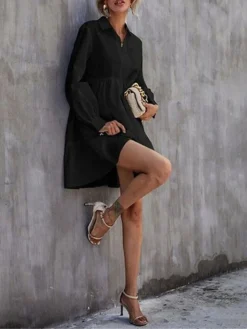 Women's Shirt Dress Casual Dress Tiered Dress Mini Dress Outdoor Daily Cotton Basic Classic Shirt Collar Ruched Button Long Sleeve Summer Spring Fall 2023 Loose Fit Black White Pure Color S M L XL 2XL -HANs Plus Size Style Shop whkuib1678327489685