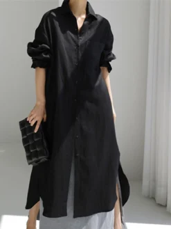 Women's Shirt Dress Casual Dress Linen Dress Maxi Long Dress Winter Dress Daily Holiday Polyester Casual Mature Shirt Collar Zipper Button Long Sleeve Summer Spring Fall 2023 Loose Fit Black Navy -HANs Plus Size Style Shop whuexx1655346770237